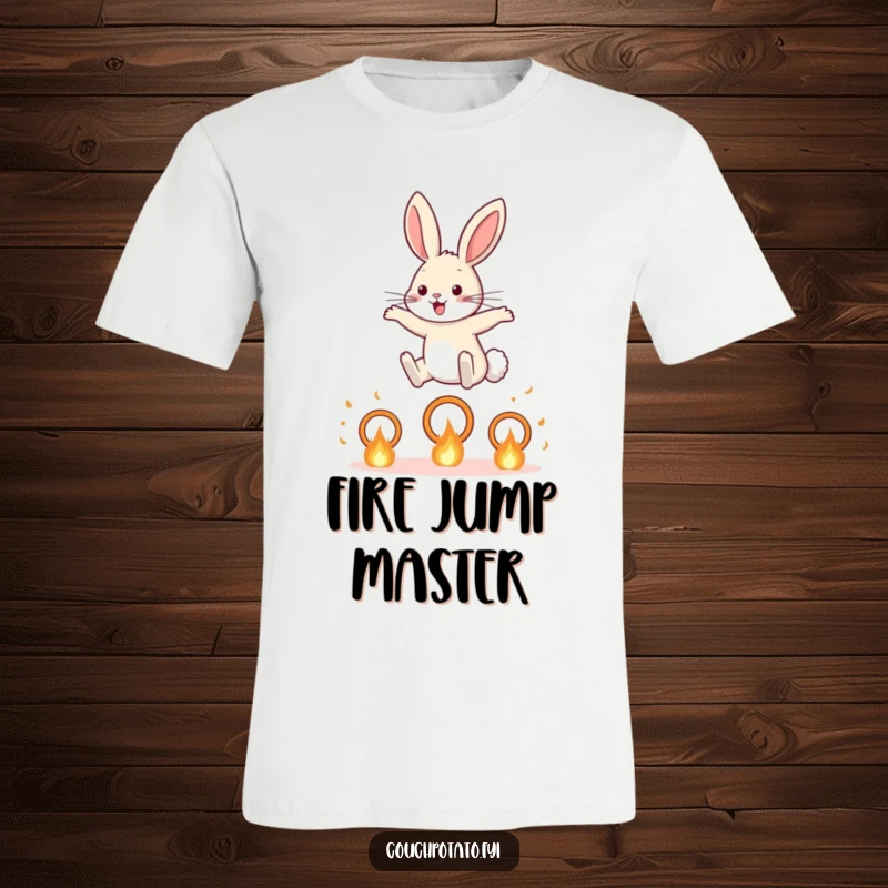 Funny Rabbit T-Shirt: A fearless rabbit bravely jumps over small, fiery hoops, embodying courage and a love for excitement.