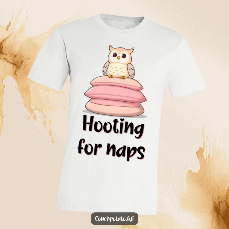 Funny t-shirt depicting a smiling owl relaxing on a pile of large, soft cushions, radiating pure comfort.