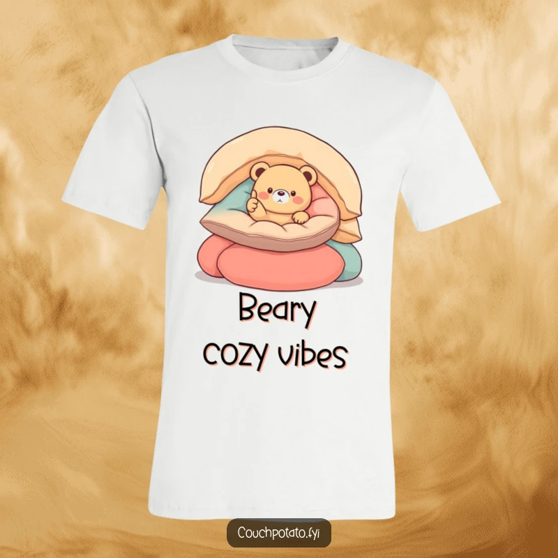 Funny round bear t-shirt featuring a small, round bear nestled in cushions, giving a thumbs up, symbolizing happiness and relaxation.