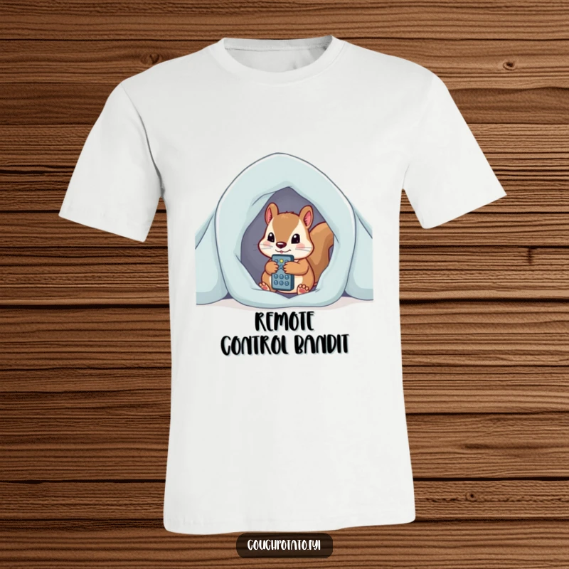Funny curious squirrel peeking from blanket fort, clutching remote control, a comfy and humorous graphic tee.
