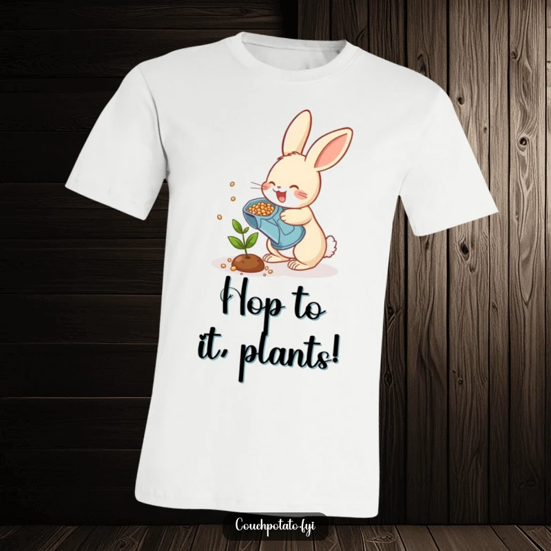 Funny rabbit garden t-shirt, a cheerful bunny with a watering can scattering seeds on a small plant, cute gardening apparel.