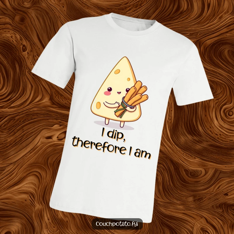 Funny t-shirt graphic of a smitten cream cheese triangle holding a bouquet of small breadsticks, perfect for food lovers.