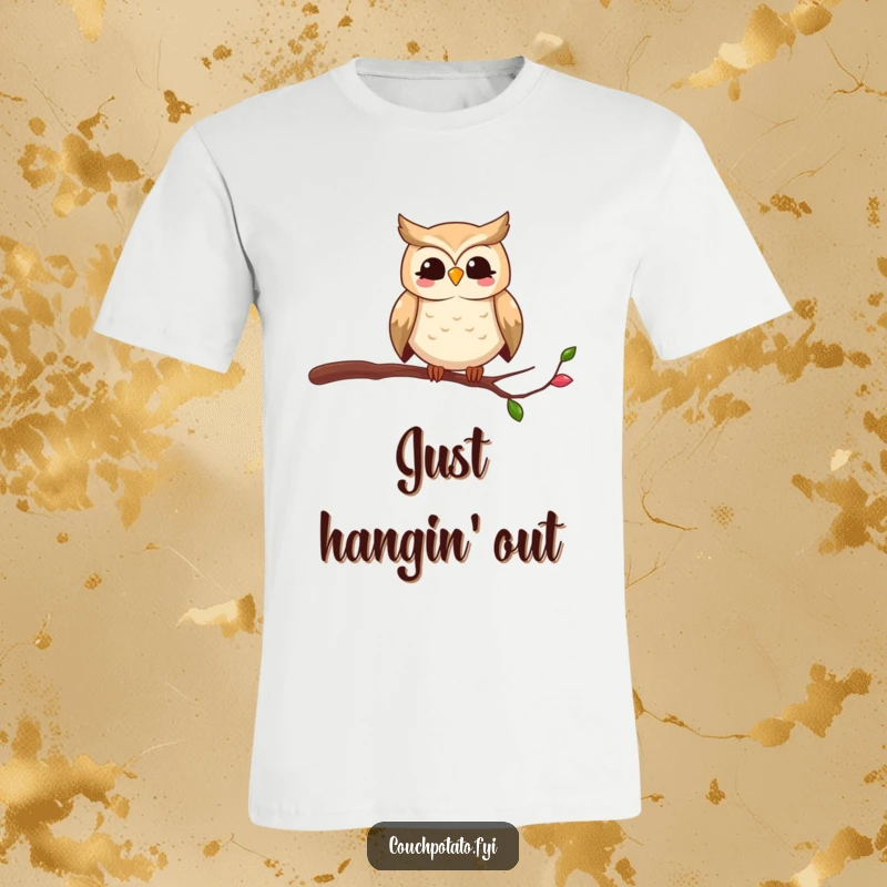 Funny owl t-shirt with a smiling bird humorously perched on a dangerously thin twig, capturing a moment of playful risk.