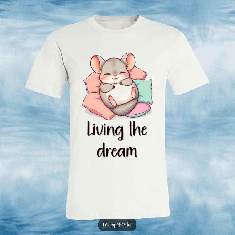 Funny Chinchilla T-Shirt depicting a cute chinchilla happily rolling on its back amidst a pile of soft pillows, radiating joy.