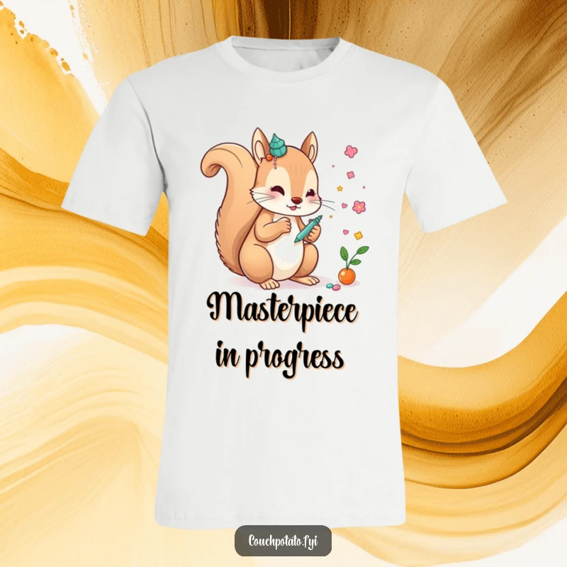 Funny creative squirrel diligently gluing decorative items onto a vibrant, whimsical artwork, perfect for a funny t-shirt.
