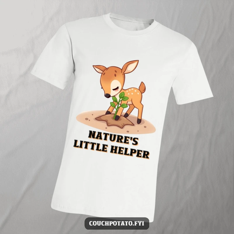 Funny deer t-shirt, a playful deer is shown patting down soil around a sapling, showcasing a love for gardening.