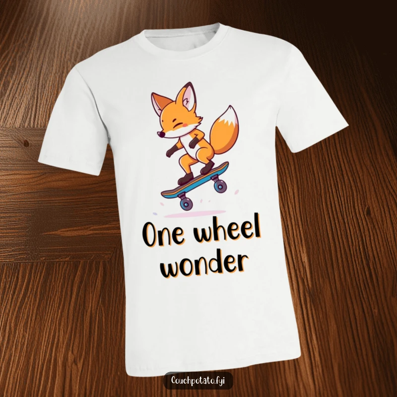 Funny Fox T-Shirt: A daring fox is balancing on one skateboard wheel, executing a cool trick with skill and flair.