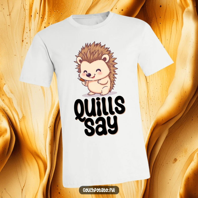 Funny T-shirt featuring a smiling hedgehog actively drawing with its quills, depicting a delightful scene of artistic ingenuity and prickly talent.
