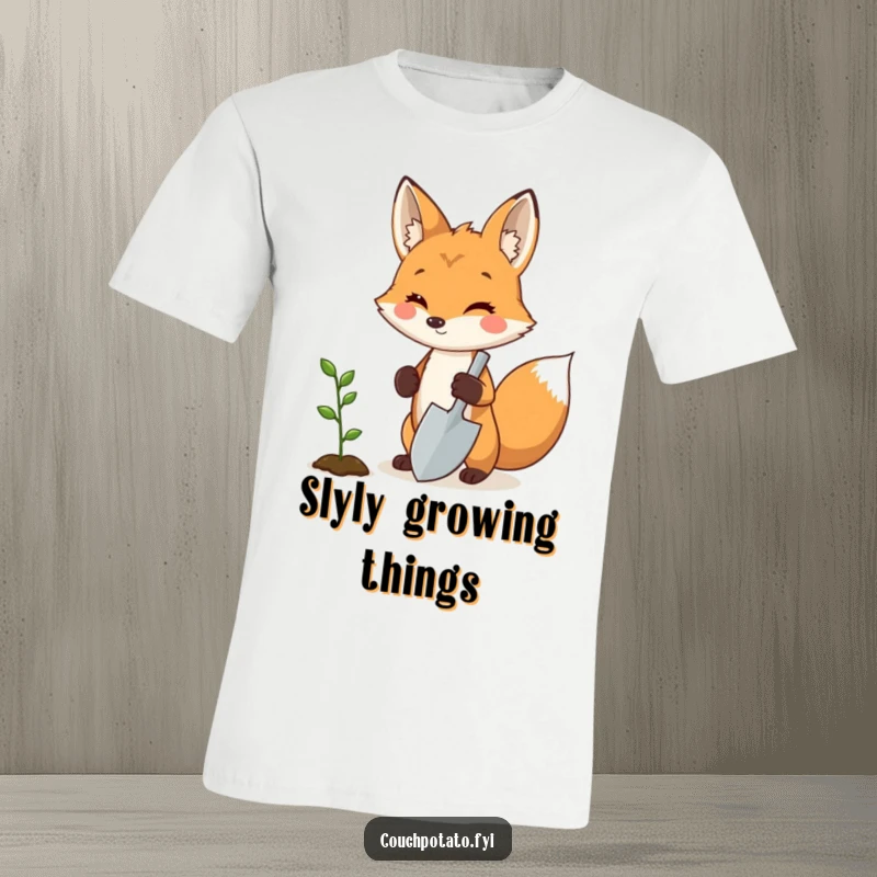 Funny fox gardener t-shirt, a proud fox holding a small shovel beside a sprouting seedling, witty and comfortable apparel.