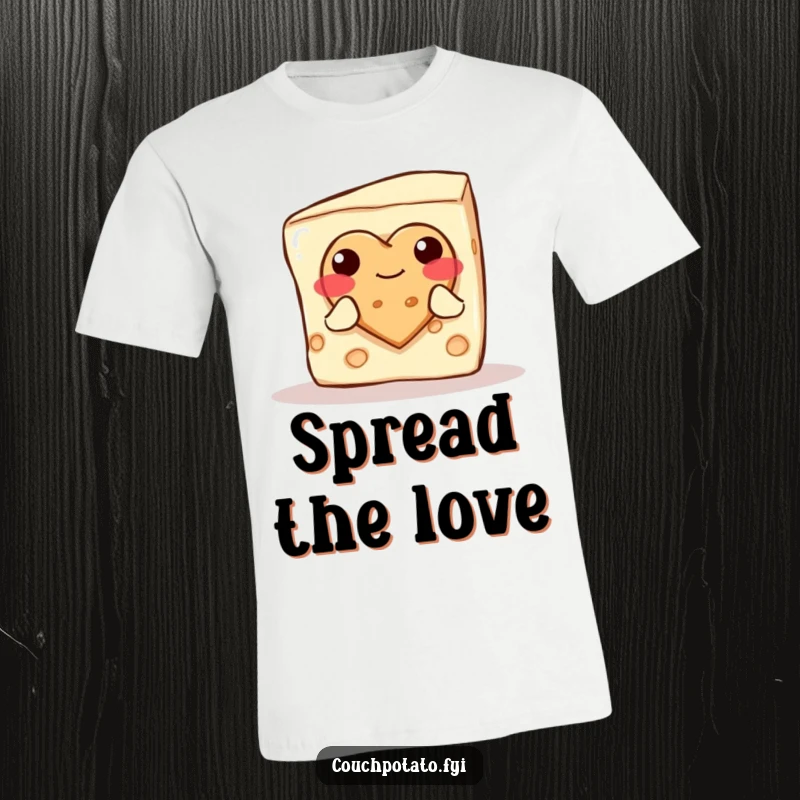 Funny blushing cream cheese block offering a heart cookie, on a heartwarming graphic t-shirt.