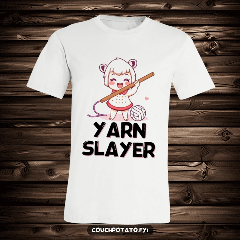 Funny t-shirt of a smiling character energetically swinging a large crochet hook with colorful yarn trailing, depicting a passionate crafter.