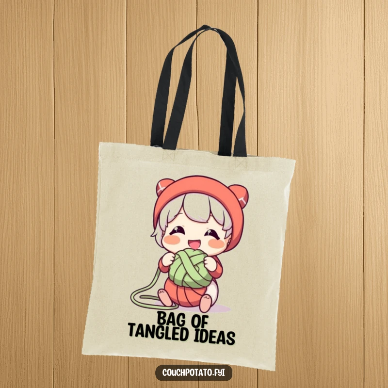 Funny tote bag illustrating a character smiling while playfully untangling a knot of yarn, perfect for carrying craft supplies.