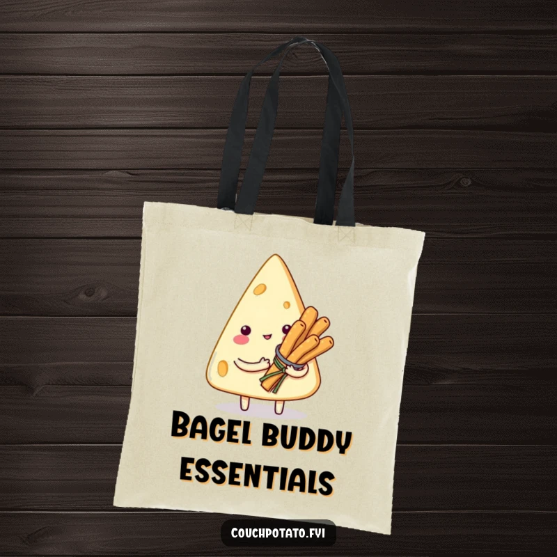Funny tote bag featuring a smitten cream cheese character offering a bouquet of small breadsticks, practical and humorous for shoppers.