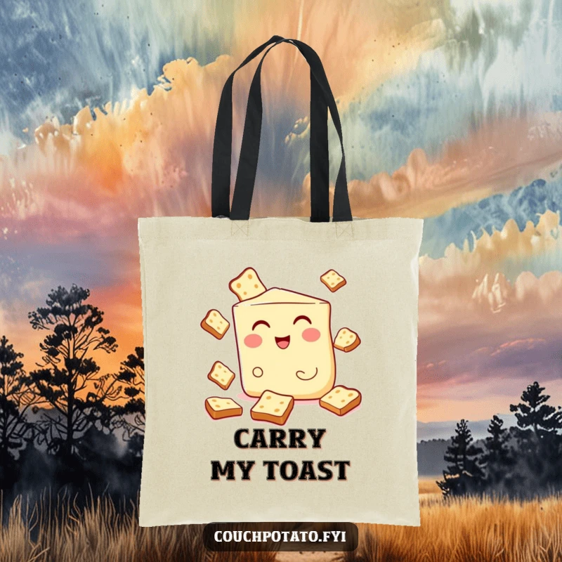 Funny tote bag with a winking cream cheese wedge juggling toast, a practical and humorous accessory for breakfast lovers.