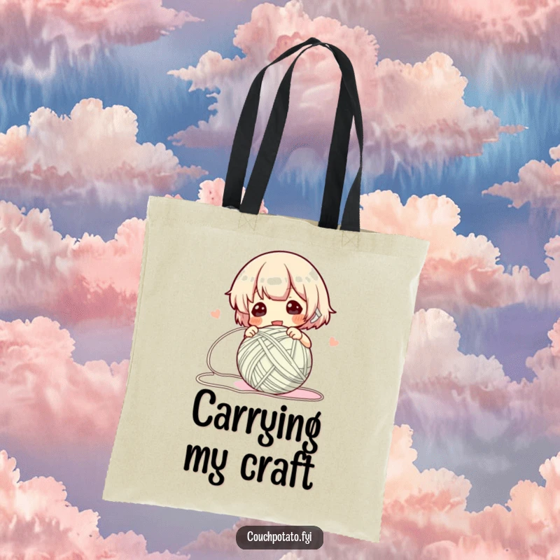 Funny Tote Bag depicting a character swiftly winding yarn into a neat ball, great for carrying crafting supplies.