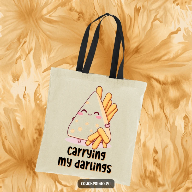Funny tote bag with a cream cheese triangle offering breadsticks, perfect for carrying gifts or groceries with love.