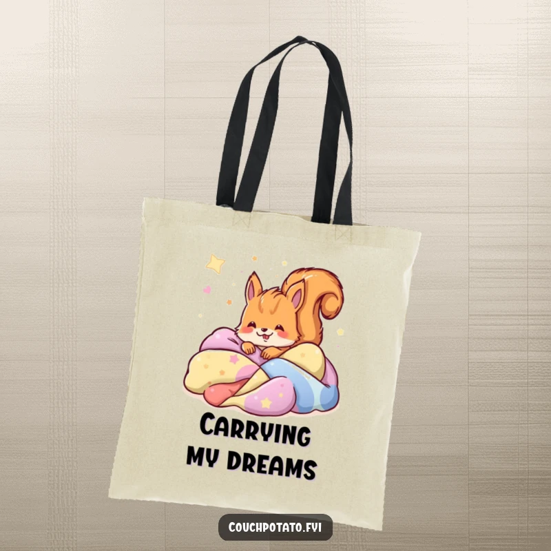 Funny joyful squirrel buried in colorful blankets, dreaming peacefully, printed on a stylish and durable tote bag.
