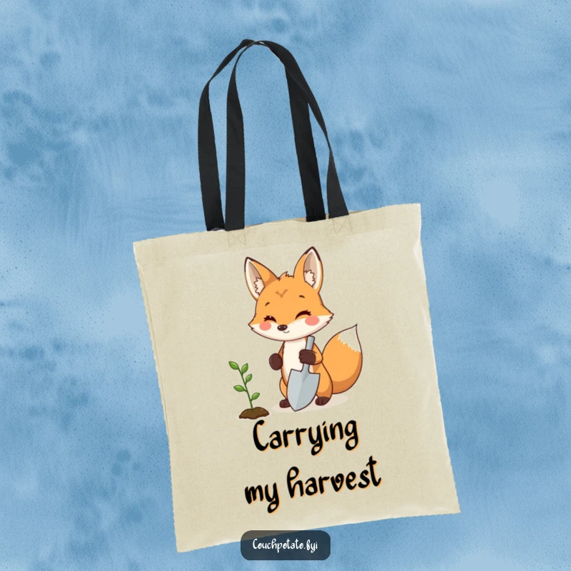 Funny fox gardener tote bag, a proud fox holding a miniature shovel next to a sprouting seedling, stylish and humorous accessory.