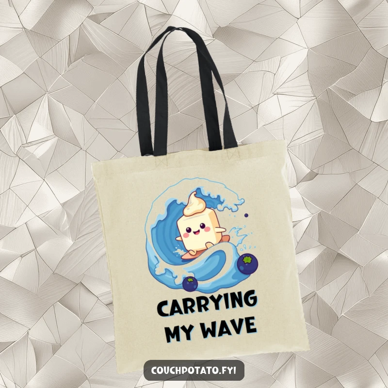 Funny cream cheese character surfing a blueberry wave, featured on a spacious tote bag for everyday adventures.