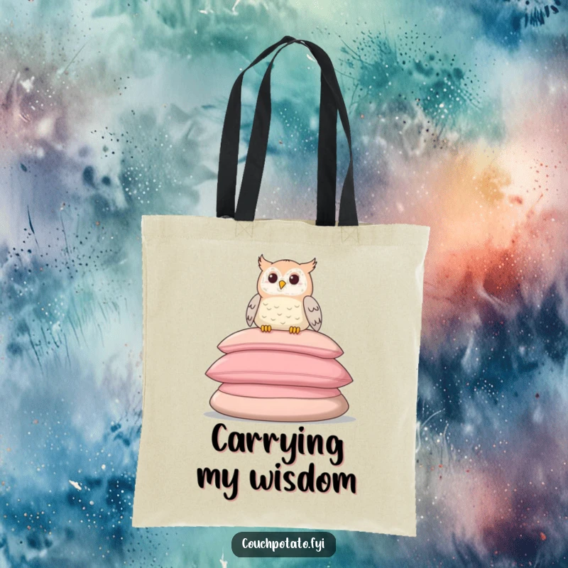 Funny tote bag with a smiling owl perched on soft cushions, perfect for carrying items with a relaxed vibe.