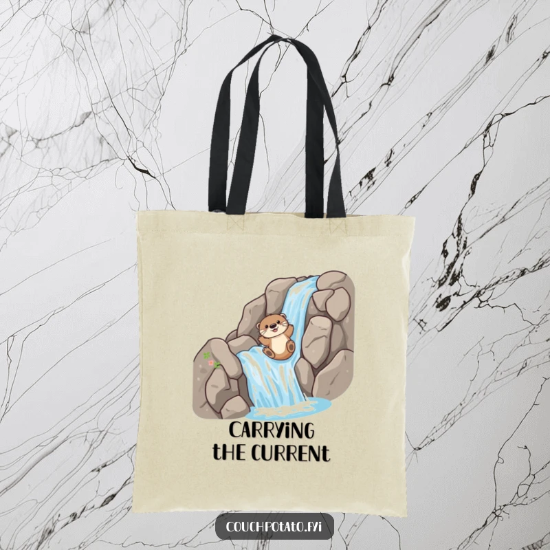 Funny Tote Bag: A playful otter slides down a rocky waterfall, symbolizing joyful adventure and wildlife.