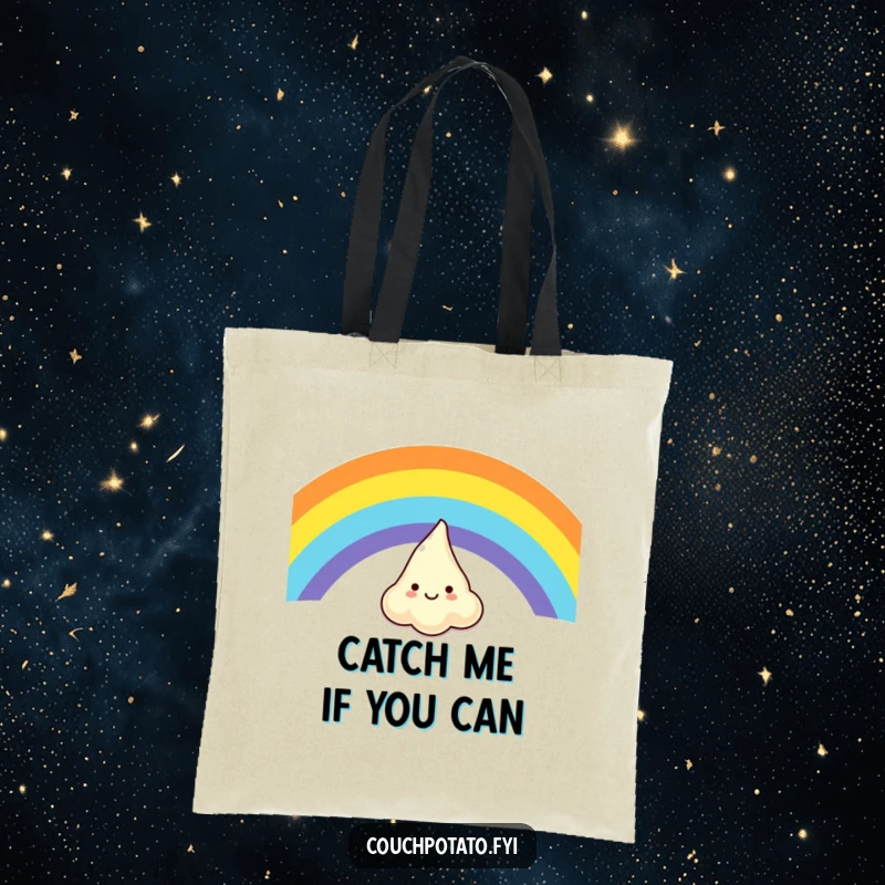 Funny tote bag showcasing a delighted cream cheese blob gleefully sliding down a rainbow, perfect for stylish, humorous shopping.