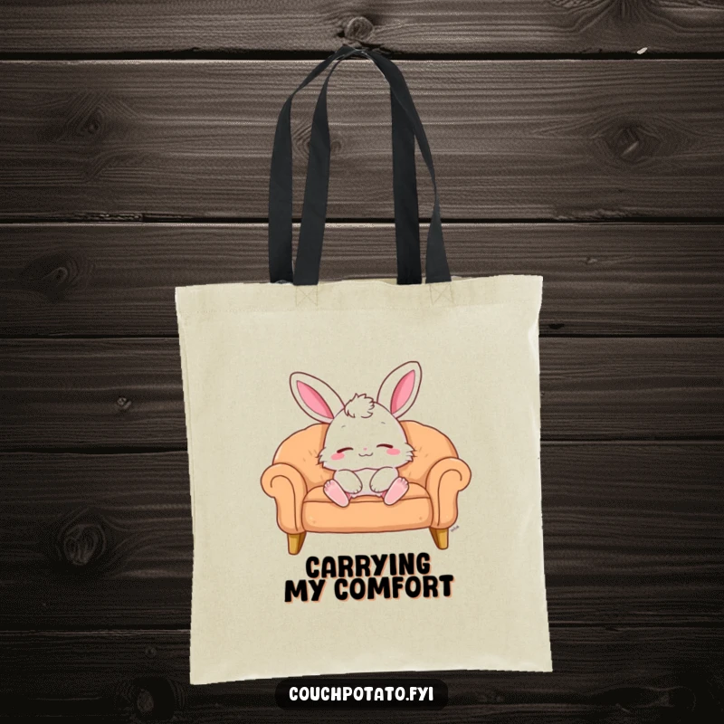 Funny Tote Bag: A fluffy bunny lounges blissfully on a sofa with eyes closed and a soft smile. A charming funny gift.