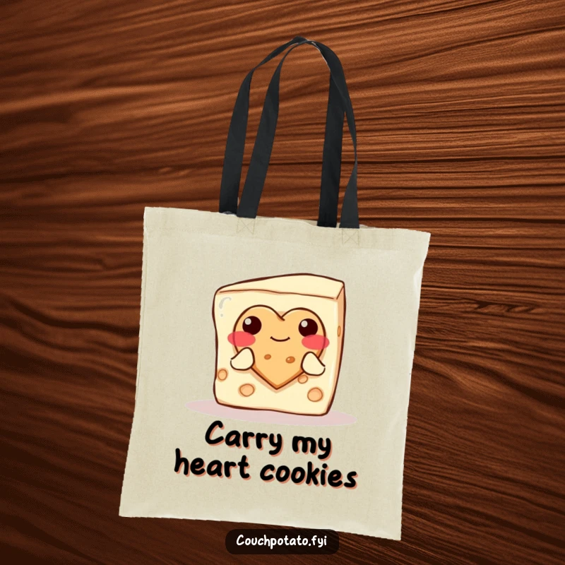 Funny blushing cream cheese block offering a heart cookie, featured on a spacious tote bag for carrying daily items.