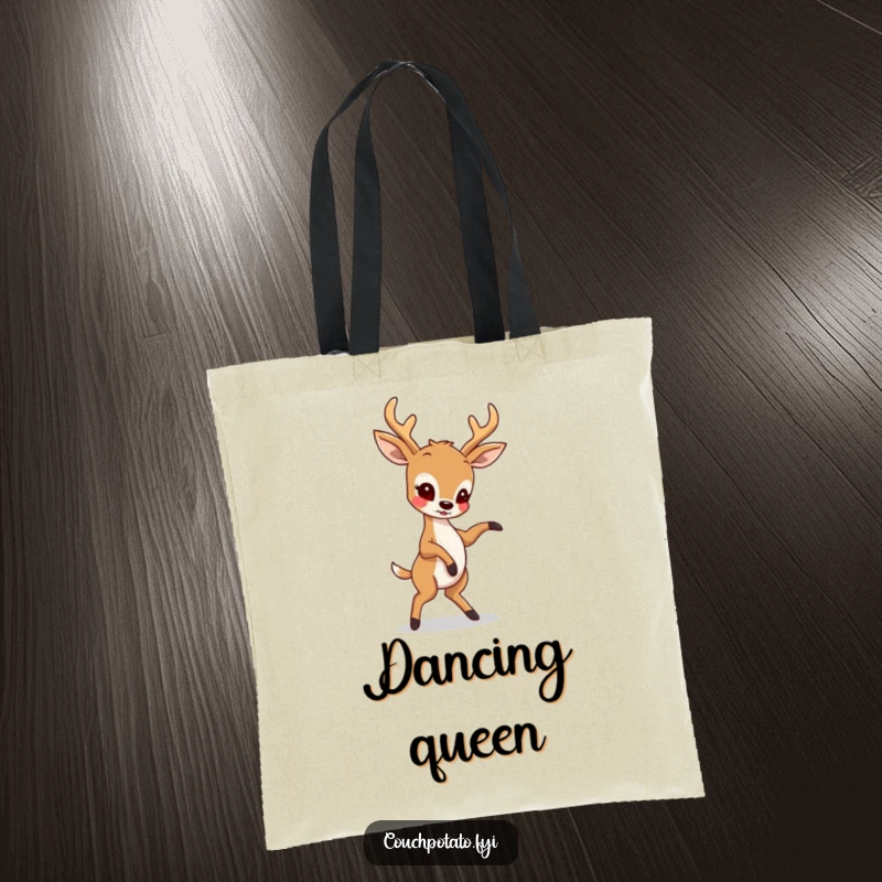 Funny tote bag showcasing a deer attempting a sophisticated dance move with an amusingly determined expression, perfect for carrying essentials with flair.