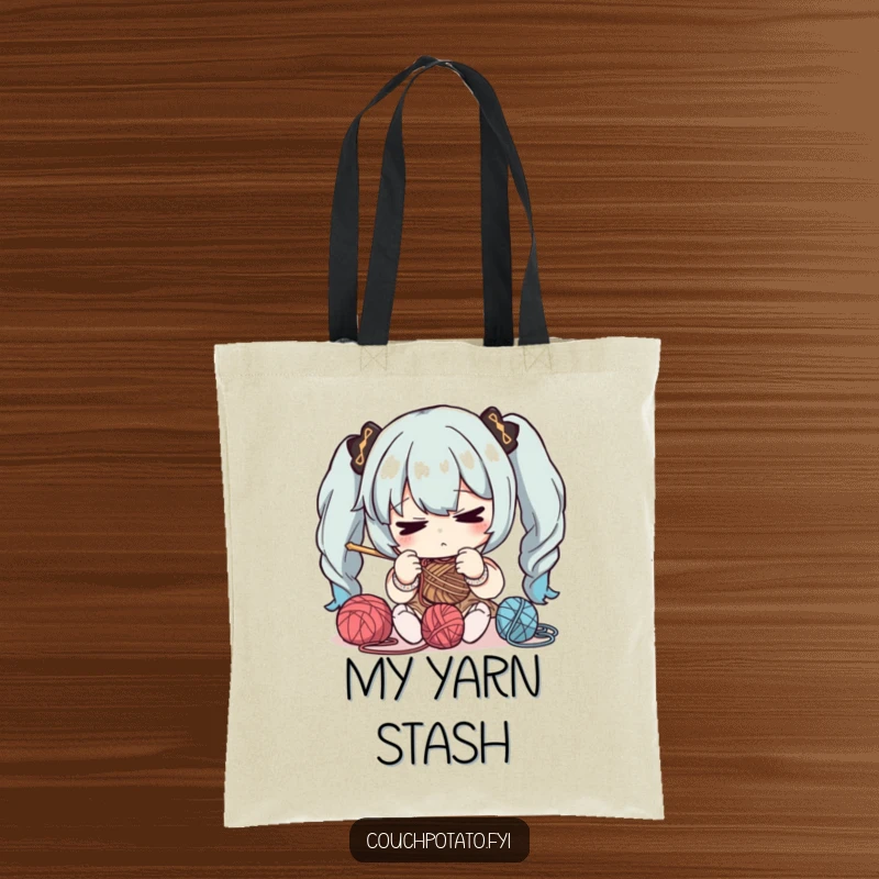 Funny tote bag illustrating a character deeply focused on knitting with yarn and needles, perfect for carrying craft supplies.