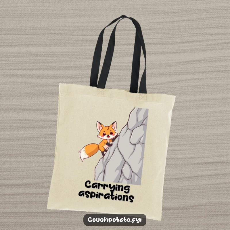 Funny fox tote bag depicting a smiling, triumphant fox climbing a sheer rock face, adding humor to everyday commutes.