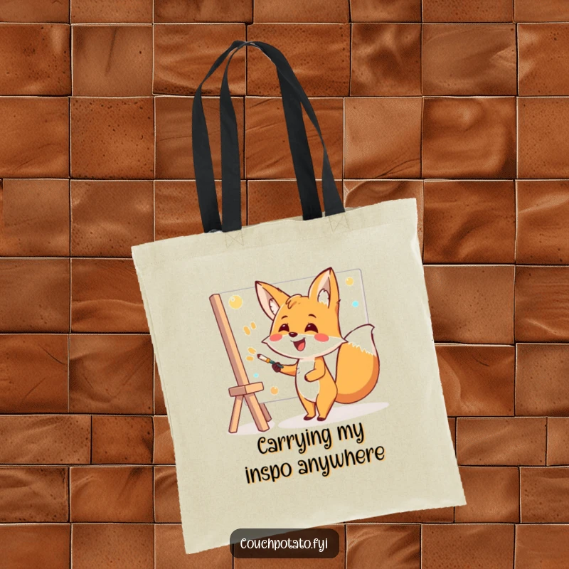 Funny Fox Tote Bag: A cheerful fox artist with a wide smile paints energetically on a big canvas, perfect for art supplies.