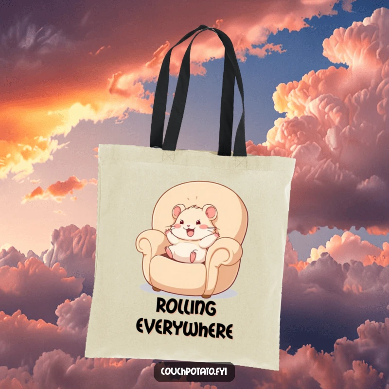 Funny hamster happily rolling in a giant, plush armchair, on a tote bag, illustrating a humorous and contented journey.