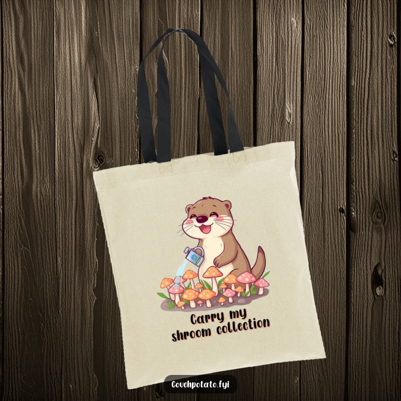 Funny tote bag featuring a happy otter watering a collection of small, colorful mushrooms, perfect for a whimsical day out.