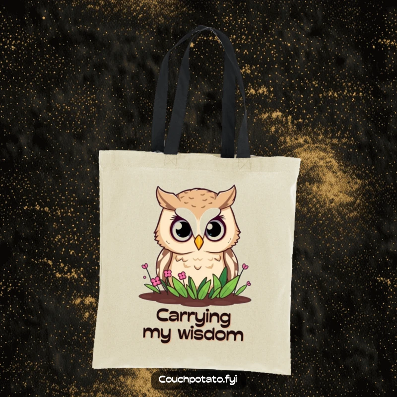 Funny owl tote bag, a curious owl peers with wide eyes at a small garden bed, perfect for carrying essentials.