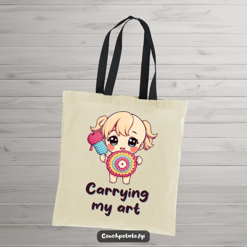 Funny tote bag illustrating a character proudly showing off a finished, colorful crocheted object with a flourish, perfect for crafters.