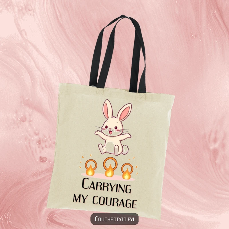 Funny Rabbit Tote Bag: A determined rabbit leaps across flaming hoops, illustrating bravery and humor for everyday use.