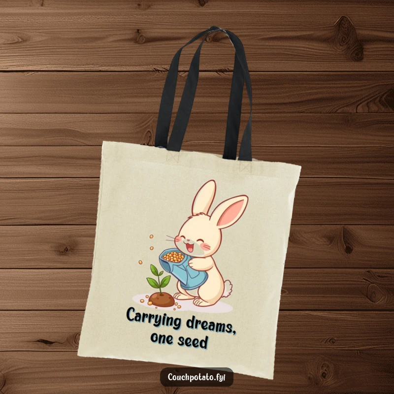 Funny rabbit garden tote bag, a cheerful bunny watering seeds onto a small plant, practical and humorous accessory.