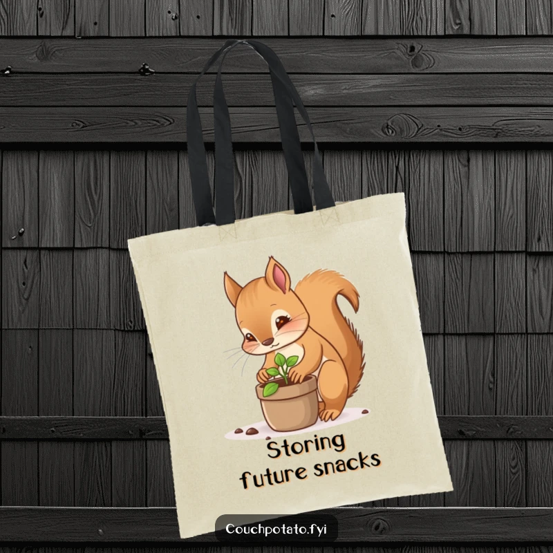 Funny squirrel planting tote bag, a focused squirrel carefully planting a tiny sprout in a pot, stylish and humorous accessory.