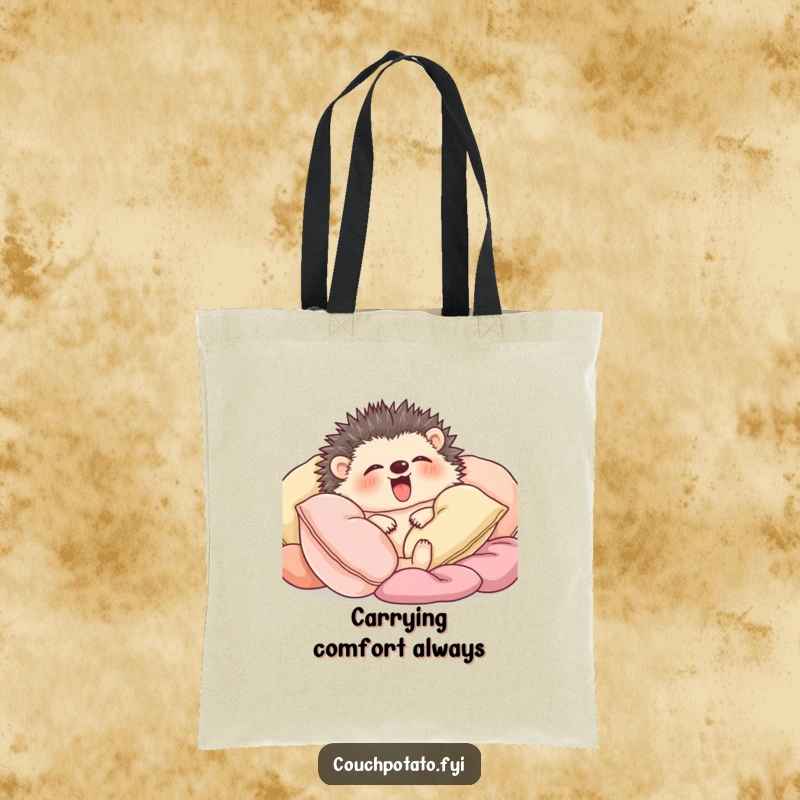 Funny content hedgehog snuggled amongst soft cushions yawning widely, printed on a stylish and durable tote bag.