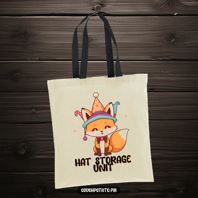 Funny playful fox wearing an exaggerated stack of hats on a durable tote bag, perfect for humorous shopping trips.