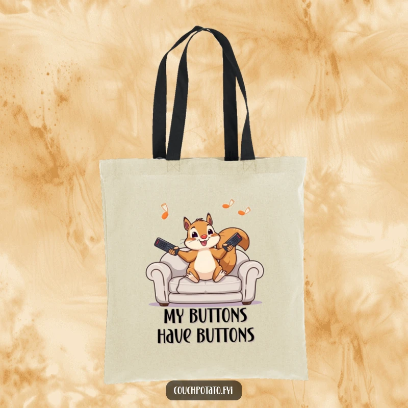 Funny squirrel tote bag illustrating a character juggling remote controls on a sofa, perfect for carrying essentials with a comic touch.