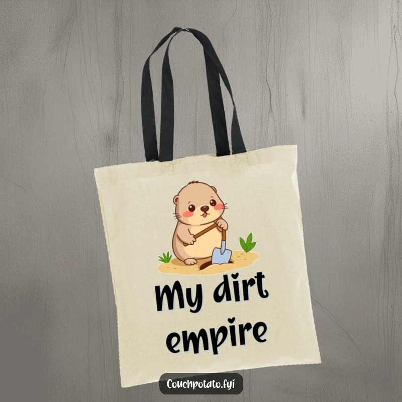 Funny mole digger tote bag, a diligent mole digging a small hole in the ground with a spade, practical and humorous accessory.