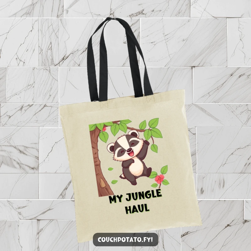 Funny Badger Tote Bag: A cheerful badger swings from a vine with a loud 'whoop', adding a fun element to carrying.