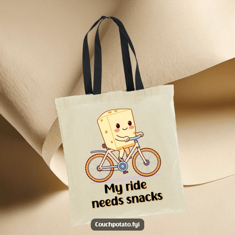 Funny cream cheese character on a cracker bike, featured on a durable tote bag for shopping and errands.