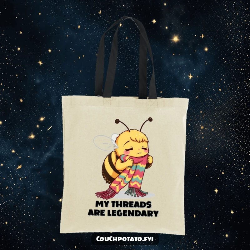 Funny Bee Tote Bag: A busy bee concentrates on skillfully knitting a long, colorful scarf, ideal for craft supplies.