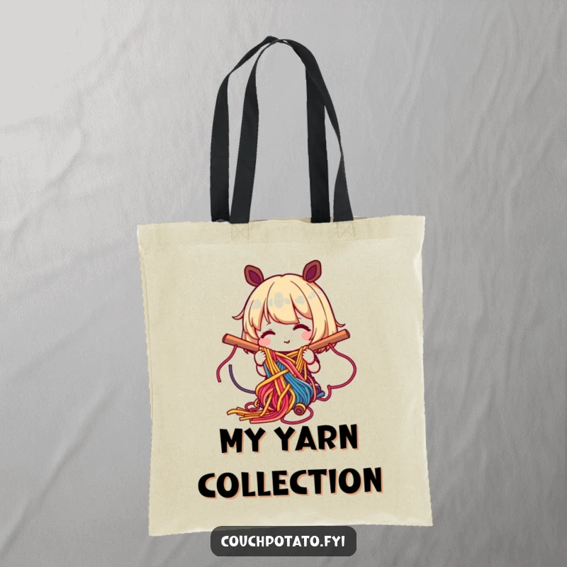 Funny tote bag depicting a happy character weaving colorful yarn into a complex pattern, perfect for carrying craft supplies.