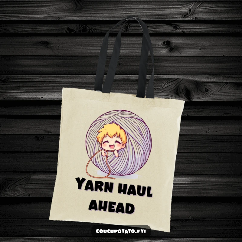 Funny tote bag depicting a character grinning while pulling a long thread from a giant yarn ball, perfect for craft supplies.