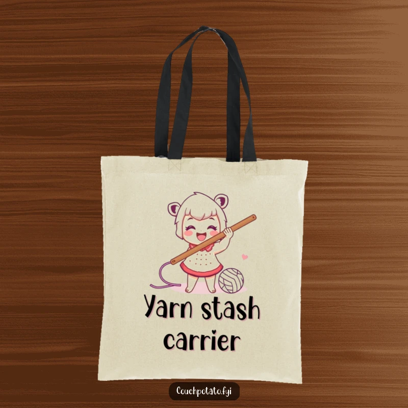 Funny tote bag depicting a smiling character energetically swinging a large crochet hook with yarn trailing, ideal for crafters.
