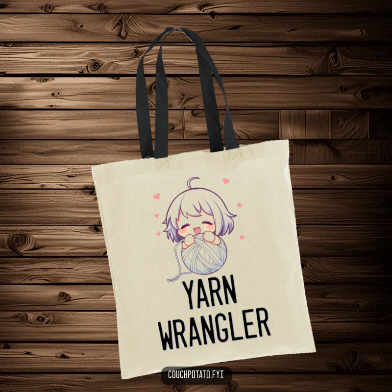 Funny tote bag showing a character swiftly and excitedly winding yarn into a neat ball, perfect for carrying craft supplies.